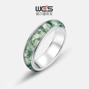 新款天然水草玛瑙宝石戒指女S925银镀18K金镶绿苔藓石食指彩宝戒