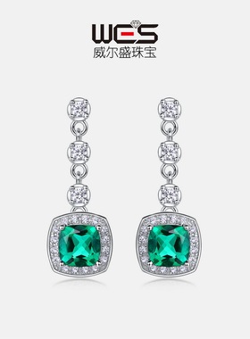 轻奢培育祖母绿耳坠S925银镀18K金PT950铂金围镶培育彩宝耳钉满钻