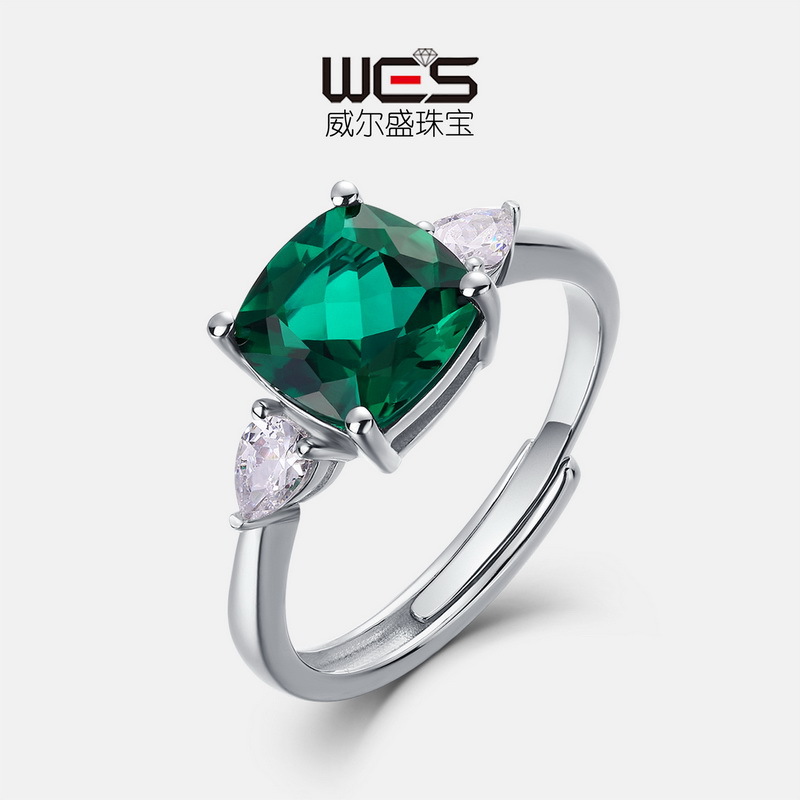 方形培育祖母绿开口戒S925银镀18K金PT950铂金三生石培育彩宝戒指