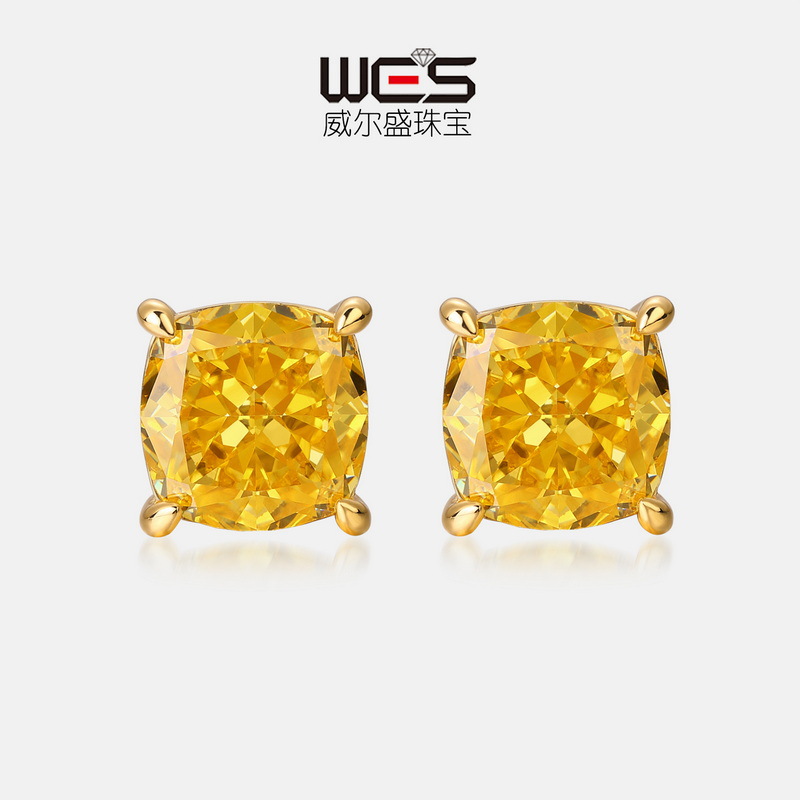 威尔盛四爪黄钻耳钉方钻公主方S925银镀18K金方糖耳饰女钻石耳环