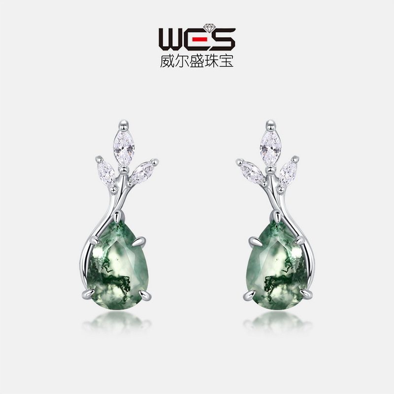 天然绿苔藓耳钉S925银镀18K金PT950铂金水滴水草玛瑙耳饰送礼品
