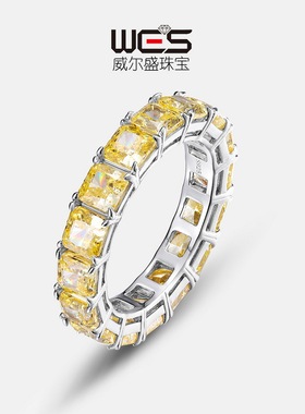 威尔盛珠宝排戒S925银镀18K金镶嵌彩宝宝石肥方鹅黄高碳钻女戒指