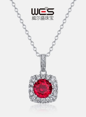 经典肥方造型满钻锁骨链S925银镀18K金镶培育红宝宝石项链时尚ins