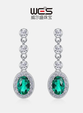培育祖母绿耳坠S925银镀18K金PT950铂金满钻培育彩宝长款耳钉轻奢