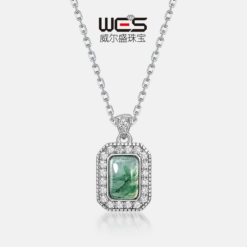 时尚天然水草玛瑙满钻吊坠女S925银镀18K金镶嵌绿苔藓石项坠轻奢