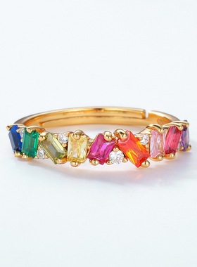 欧美轻奢戒指S925银镀18K金镶彩宝宝石手饰简约彩锆食指戒高贵