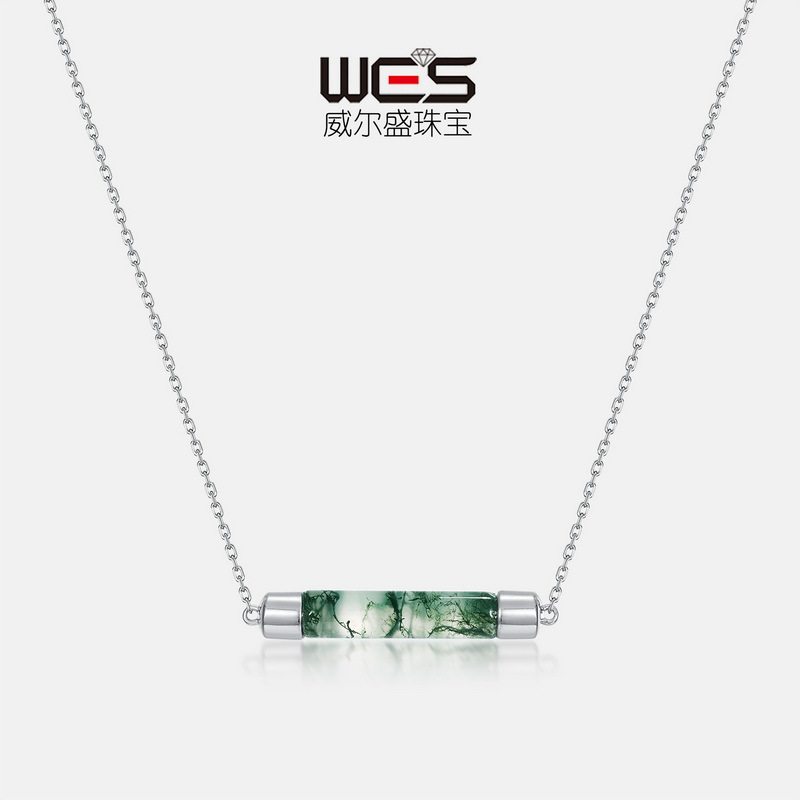 简约灯管绿苔藓石项链S925银镀18K金PT950铂金天然水草玛瑙锁骨链