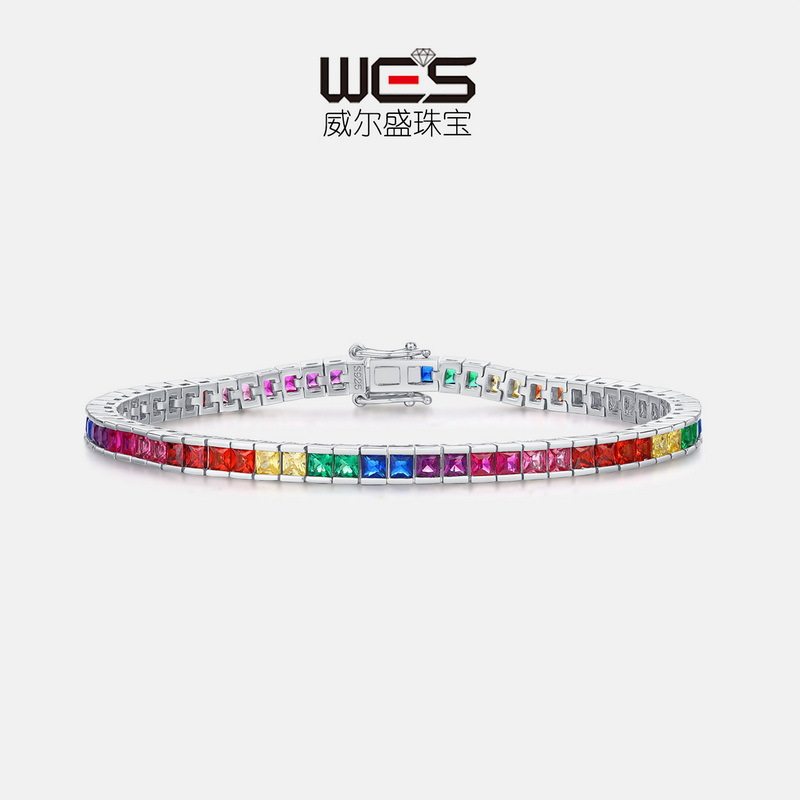 新款彩虹锆石手链女S925银镀18K金彩宝宝石满镶宝石盒子手链轻奢