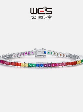 新款彩虹锆石手链女S925银镀18K金彩宝宝石满镶宝石盒子手链轻奢