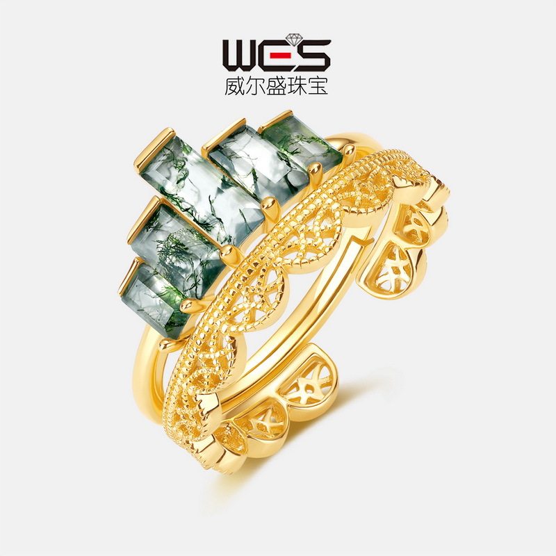 欧美天然水草玛瑙戒指S925银镀18K金镶嵌彩宝宝石绿苔藓石组合戒