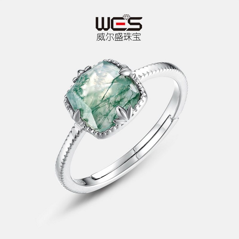 个性枕型天然绿苔藓石戒指S925银镀18K金PT950铂金镶水草玛瑙女戒