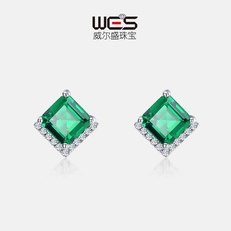 欧美新品S925银镀18K金培育祖母绿耳钉女耳饰彩宝高贵风节日礼物