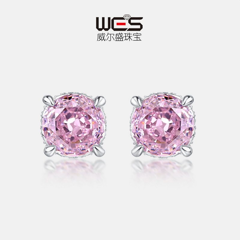 S925银镀18K金耳钉樱花粉钻冰花切8*8实验室培育宝石高碳钻女耳饰