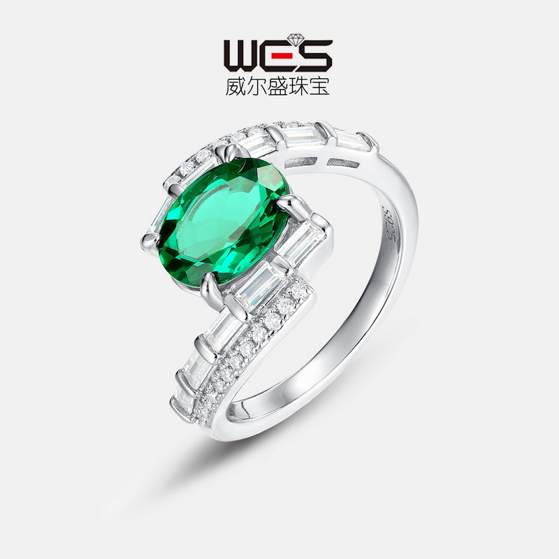 培育祖母绿鹅蛋宝石戒指SS925银镀18K金镶嵌彩宝宝石复古指戒新款