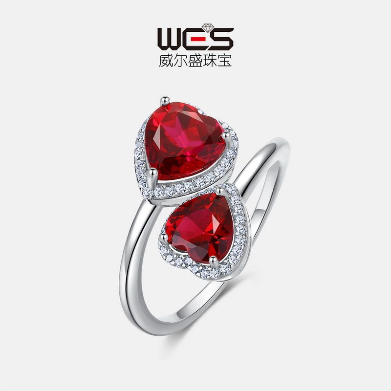 爱心形培育红宝开口戒指S925厚银镀18K金PT950铂金围镶培育彩宝