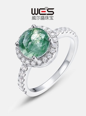 天然水草玛瑙戒指女在S925银镀18K金围镶闪耀彩宝宝石指戒简约