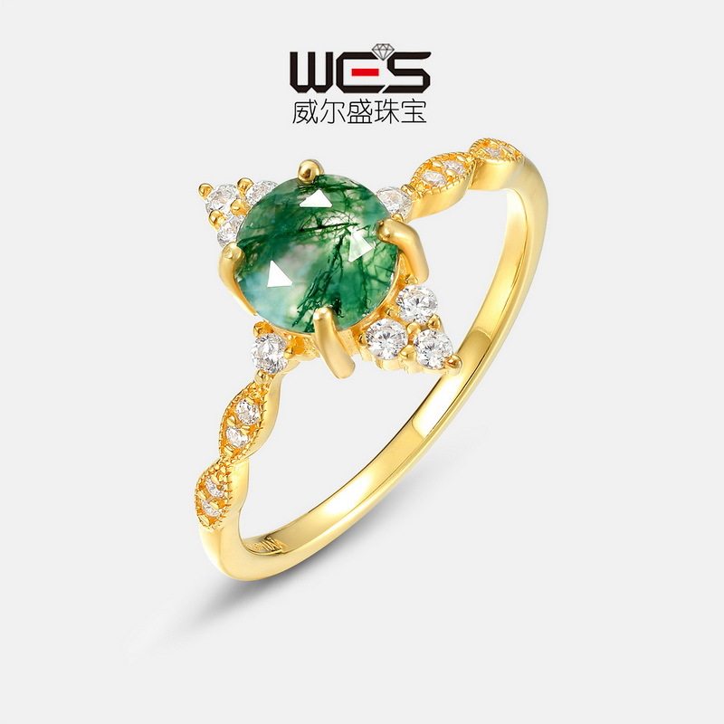 新款复古轻奢绿苔藓戒指女S925银镀18K金镶彩宝宝石水草玛瑙戒指