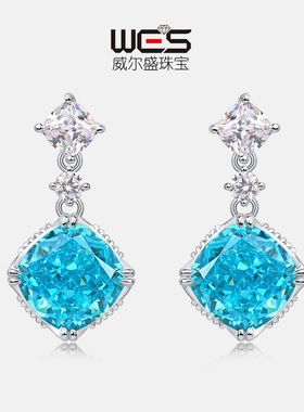 新款浅海蓝冰花切高碳钻耳坠S925银镀18K金镶嵌彩宝宝石爪耳钉