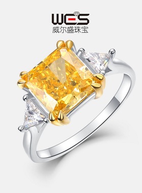 新款方形冰花切高碳钻戒指潮流网红款S925银镀18K金镶嵌宝石戒指