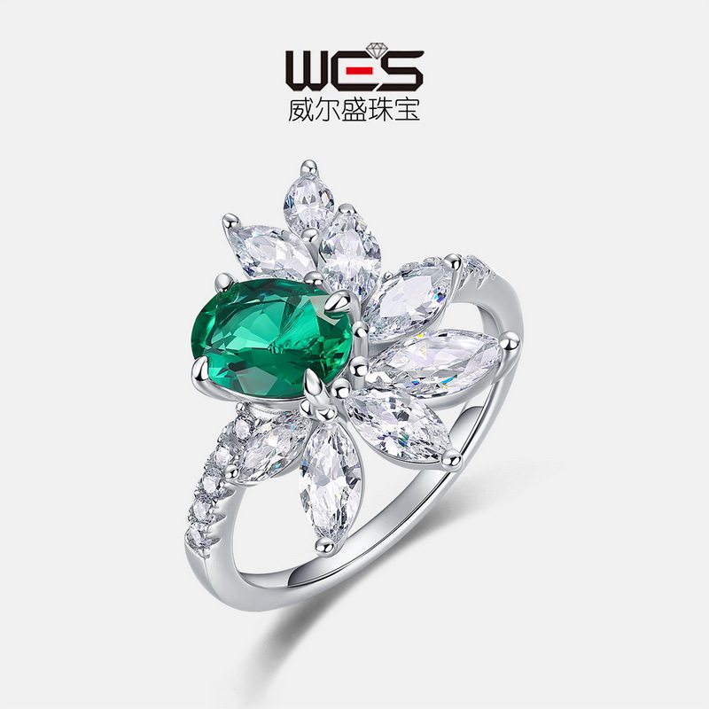 新品个性时尚培育祖母绿戒指S925银镀18K金PT950铂金食指戒百搭