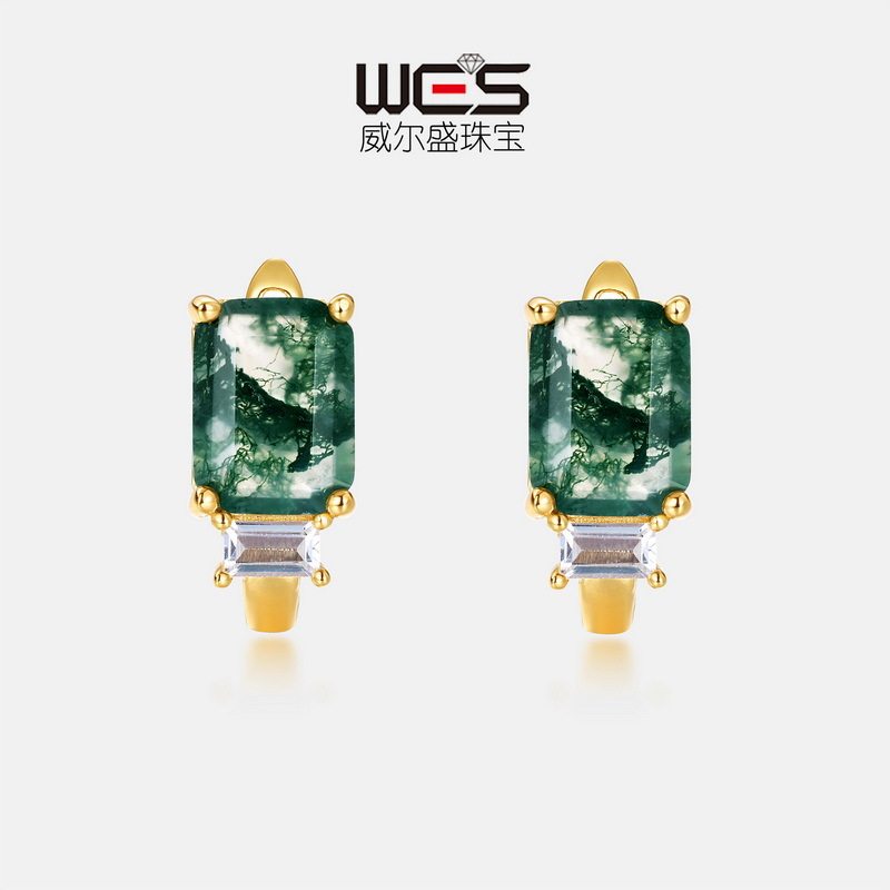 欧美S925银镀18K金镶嵌彩宝宝石耳饰耳钉天然水草玛瑙宝石耳钉