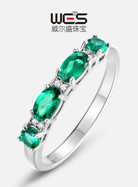 简约个性培育祖母绿单排戒指S925银镀18K金PT950铂金食指戒