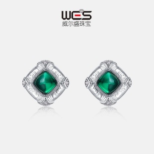 新款糖塔工艺培育祖母绿耳钉S925银镀18K金镶嵌彩宝宝石复古耳饰