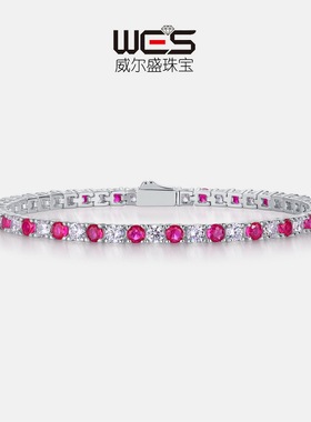 嘻哈网球手链男女S925银镀18K金镶培育红蓝彩宝宝石手饰时尚女款