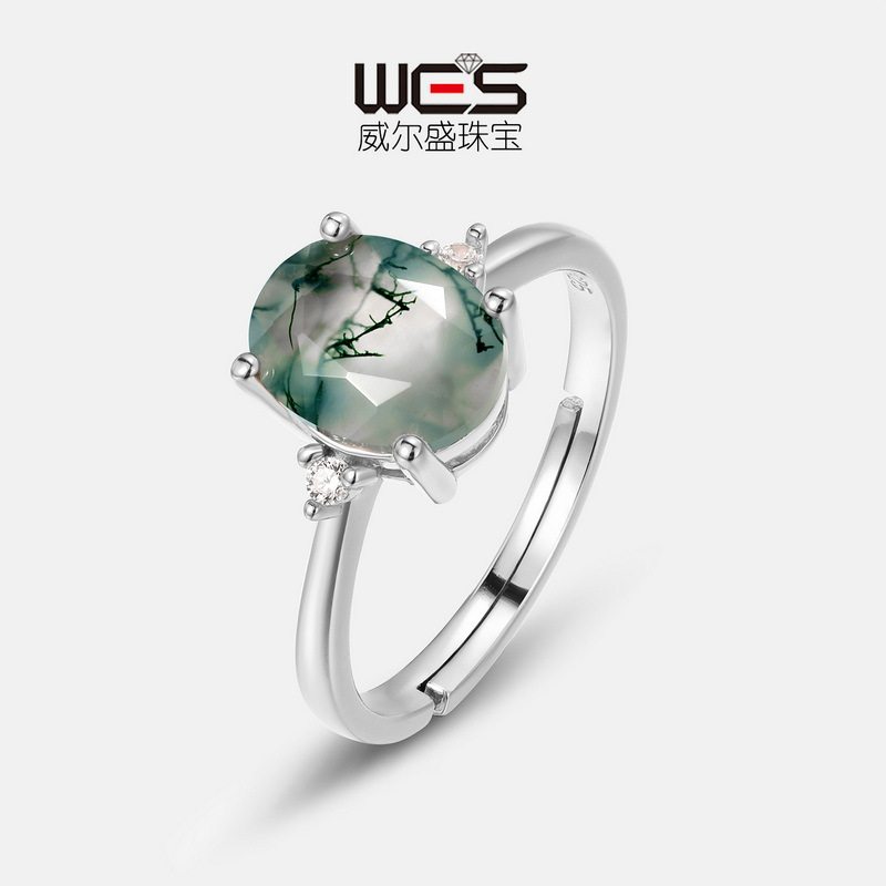 新款S925银镀18K金彩宝宝石绿苔藓戒指水草玛瑙女指戒高贵气质
