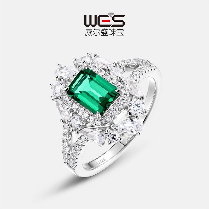 新品培育祖母绿戒指S925银镀18K金PT950铂金水滴镶培育彩宝食指戒