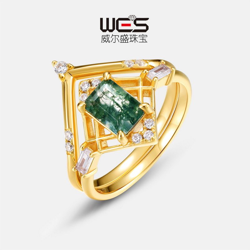 新款叠戴天然绿苔藓石戒指S925银镀18K金镶彩宝宝石水草玛瑙对戒