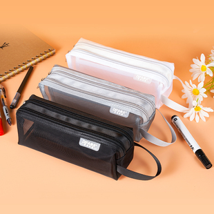 手提网纱双层大容量笔袋透明立体铅笔袋尼龙简约学生考试用可带进考场文具袋便携拉链袋高颜值男女生2023新款