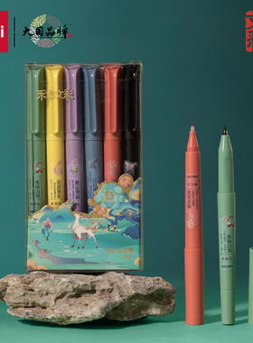得力勾线笔东方文彩主题绘画儿童美术勾线描边笔耐磨纤维头双头速干美术生专用黑色油性防水马克笔学生DF106