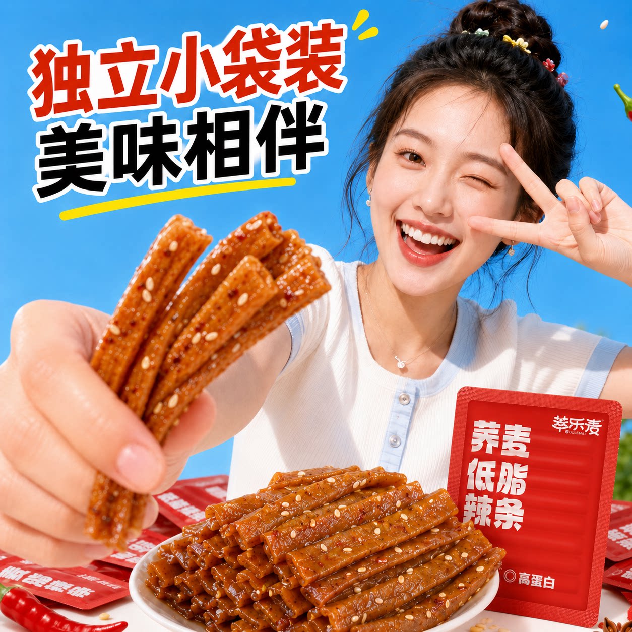 萃乐麦荞麦辣条大辣片低脂小零食高蛋白豆皮豆筋豆干大辣片相思卷