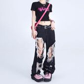 torn pants floor Casual mopping denim 休闲破洞拖地牛仔长裤 女