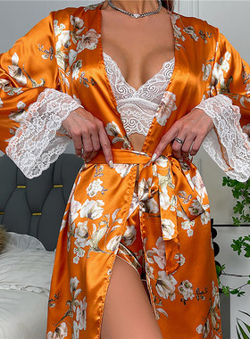 Sexy Lace Cardigan Nightgown Set Female 性感蕾丝开衫睡袍套装