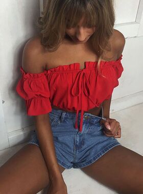 Sexy off-shoulder ruffled T-shirt for women性感露肩褶边T恤女
