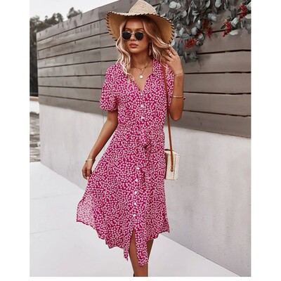 Fashionable floral waist cinching dress 时尚碎花收腰连衣裙女