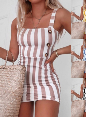 Fashion retro striped suspender dress 时尚复古条纹吊带连衣裙