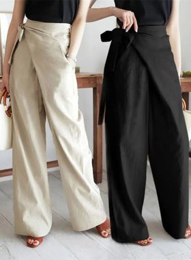 Casual high waisted strapped straight pants 高腰绑带直筒裤女