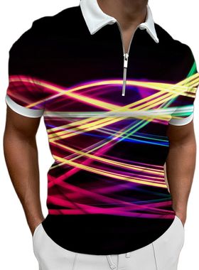 3D printed lapel zipper fitted shirt3D印花翻领拉链修身衬衫男