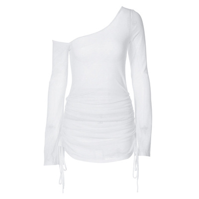 Sexy Perspective Diagonal Collar Dress性感透视斜领连衣裙女士
