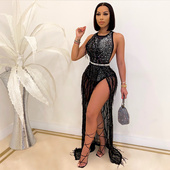 Sleeveless Split Tassel Sexy Dress性感无袖 开叉流苏连衣裙女士