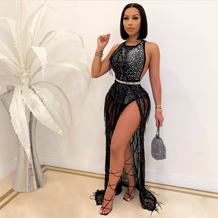 Sexy Sleeveless Split Tassel Dress性感无袖开叉流苏连衣裙女士