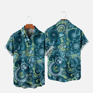 Polo button printed short-sleeved shirt 翻领纽扣印花短袖衬衫