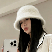 高级感兔毛渔夫帽女2025新款 显脸小秋冬白色毛绒水桶盆帽子大头围
