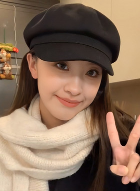 黑色八角帽子女2025新款显脸小秋冬季画家报童帽大头围鸭舌贝雷帽