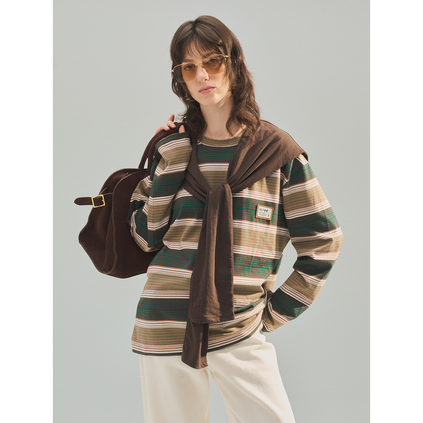 ICREE撞色彩条纹披肩长袖T恤秋冬宽松休闲早秋穿搭套头假两件上衣