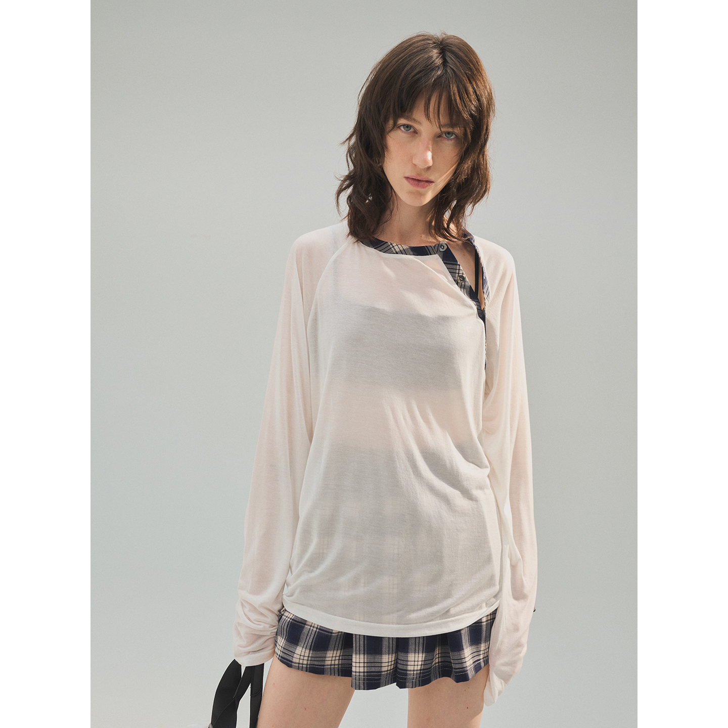 开襟宽松撞色格子长袖T恤女