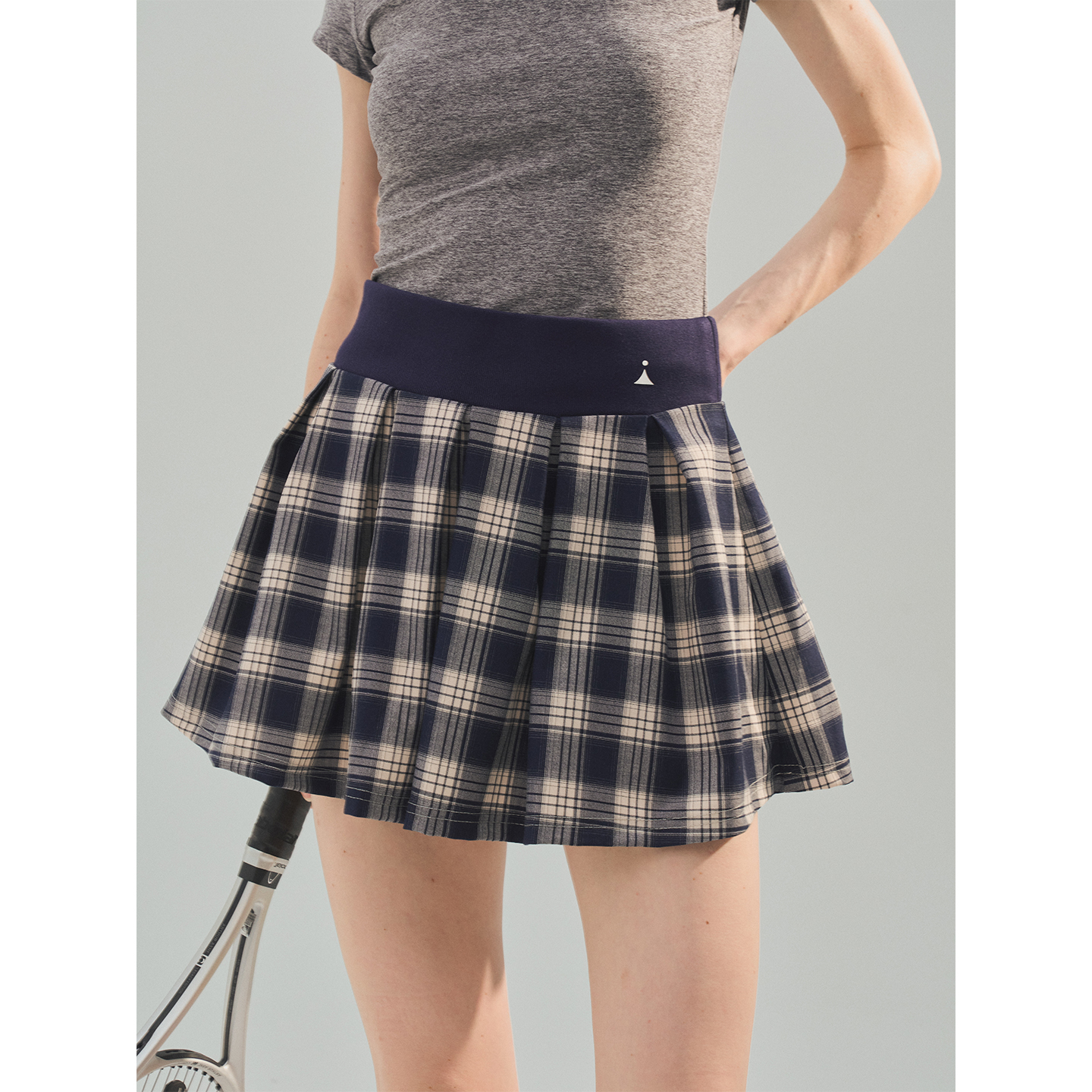 icree原创设计海军蓝格子运动百褶短裙 防走光户外运动跑步网球裙